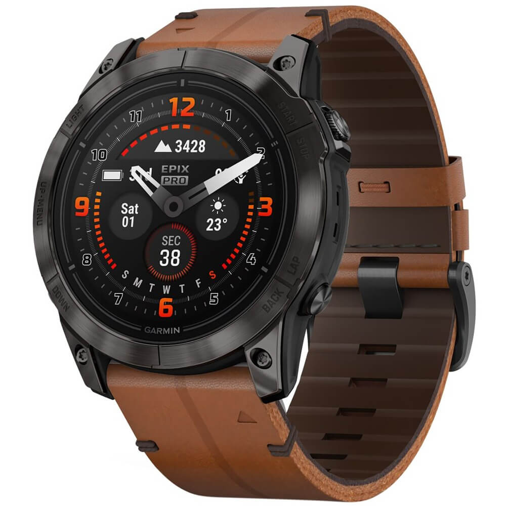 Смарт-часы Garmin Epix Pro (Gen 2) Sapphire Edition - 51 mm, Титановый, угольно-серый безель с DLC-покрытием, коричневый кожаный ремешок