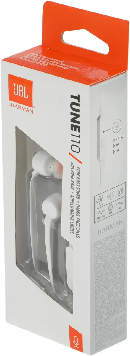 Наушники JBL Tune 110, 3.5 мм, внутриканальные, цвет Белый