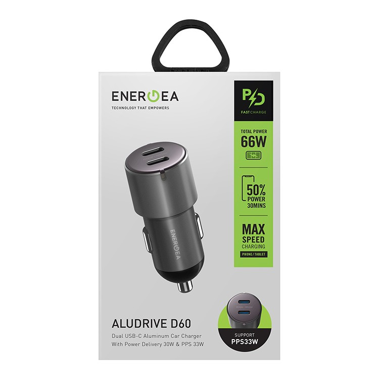 Автомобильное зарядное EnergEA Alu Drive D60 2*USB-C PD/PPS 66W, Aluminium Gunmetal