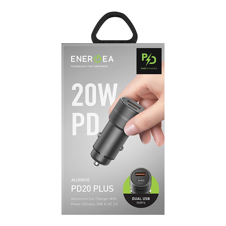 Автомобильное зарядное EnergEA Alu Drive PD20 Plus, USB-C PD20 + USB QC3.0, Aluminum Gunmetal