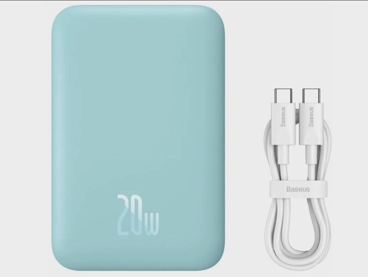 Внешний магнитный беспроводной аккумулятор BASEUS Magnetic 6000 mAh, 20W, с кабелем Type-C to Type-C 50 см, Blue, PPCX020003