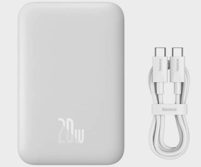 Внешний магнитный беспроводной аккумулятор BASEUS Magnetic 6000 mAh, 20W, с кабелем Type-C to Type-C 50 см, белый, PPCX020002
